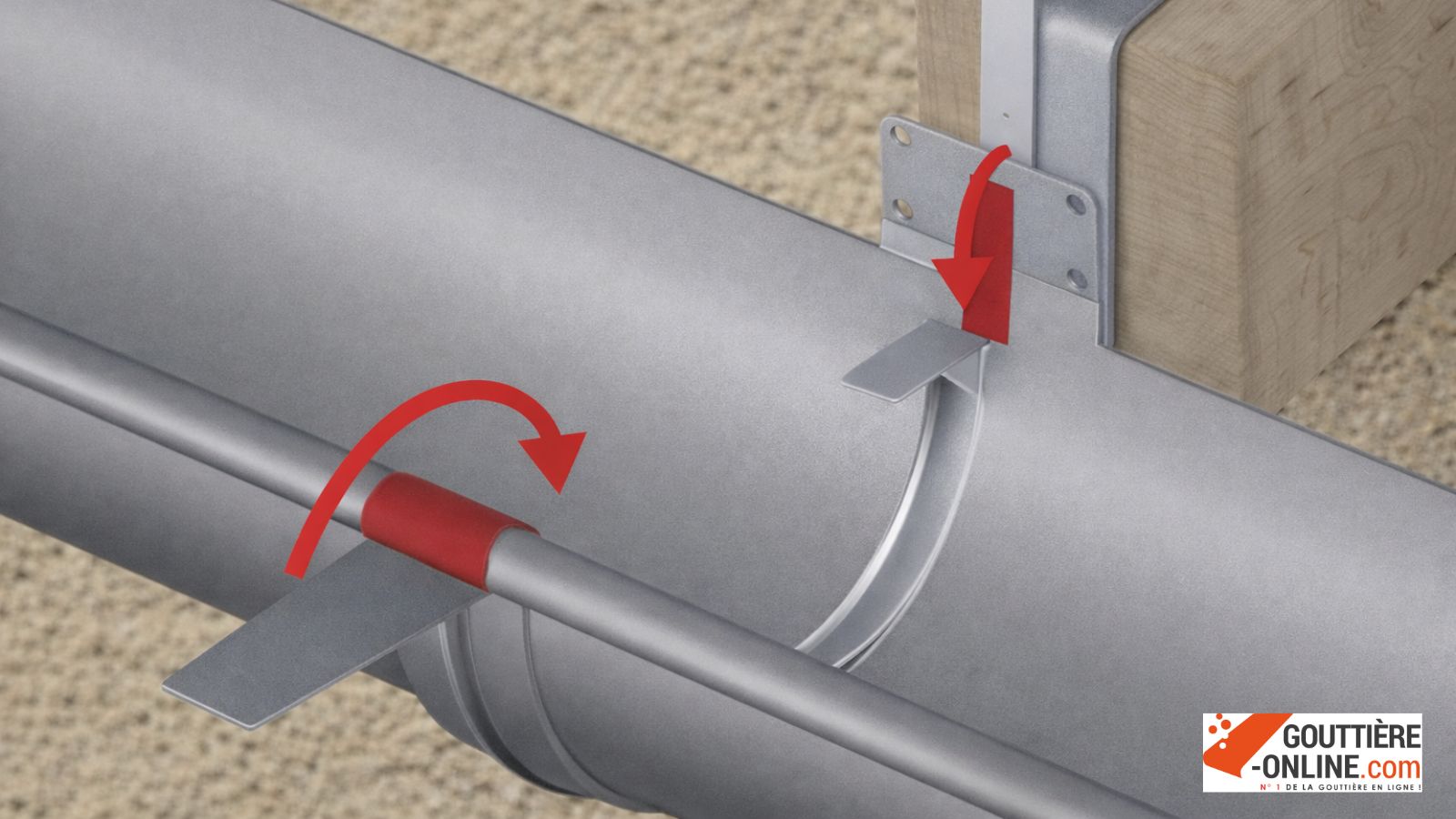 Pose gouttière sur crochet fixé avec hampe droite acier galvanisé