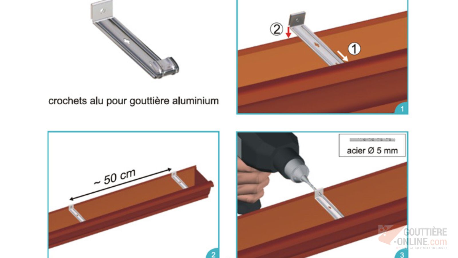 Pose du crochet écarteur tous les 50 cm pour gouttière aluminium