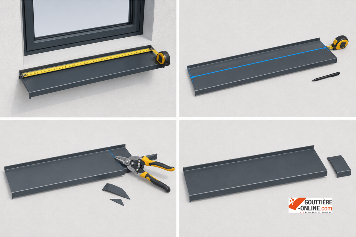 Mesure et découpe d'un appui de fenêtre aluminium gris anthracite RAL 7016 à la cisaille
