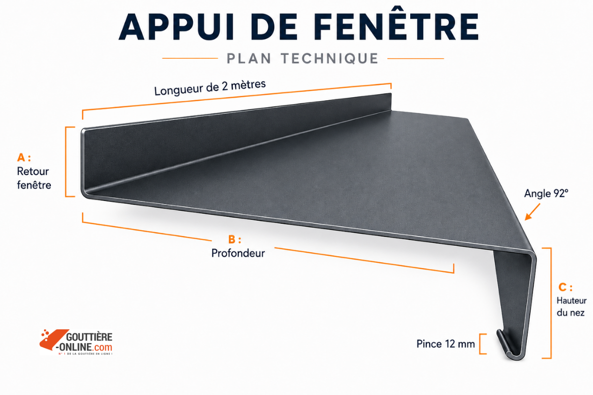 Plan technique appui de fenêtre aluminium gris anthracite RAL 7016 avec cotes A retour, B profondeur, C hauteur du nez, angle 92° et goutte d'eau 12 mm