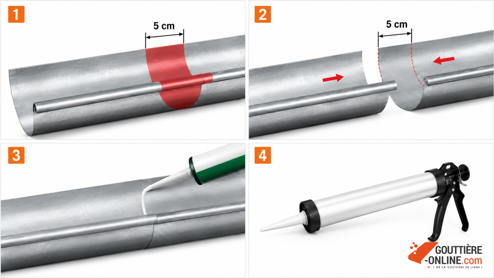 Application silicone emboîtement gouttière zinc demi-ronde DEV 16