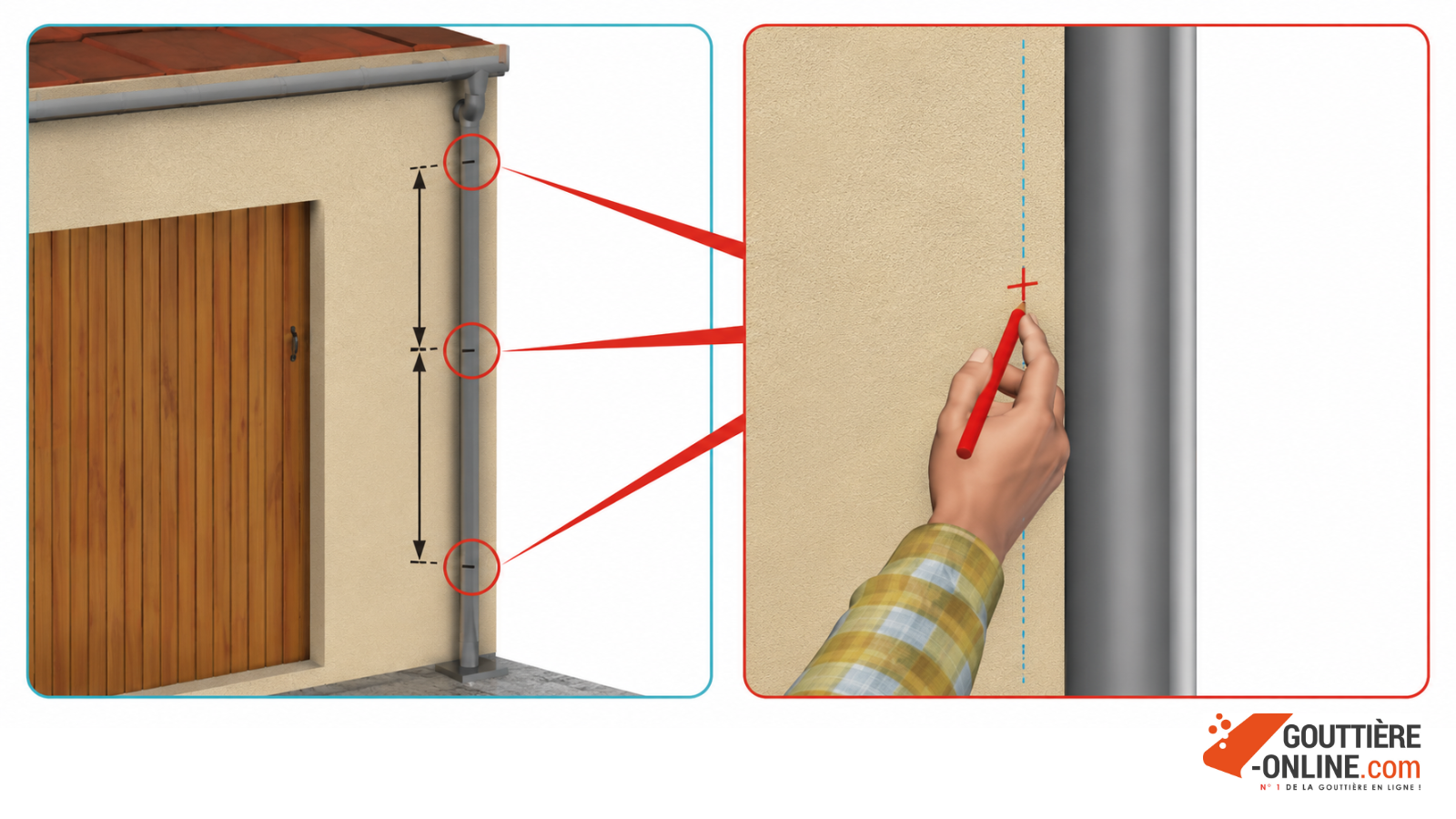 Tuyau zinc D60 emboîté sur coude zinc avant fixation par collier sur façade